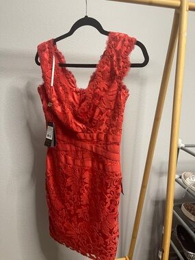 Tadashi Shoji Coral-Red-Orange Lace Sheath Dress
